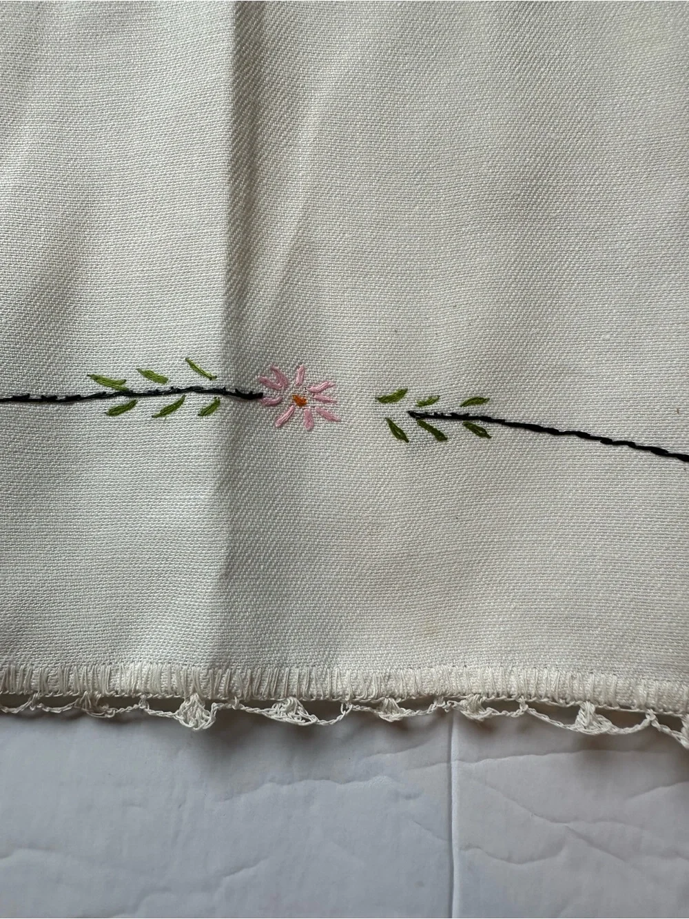 Vintage Handmade Embroidered Table/Dresser Runner Floral Crochet Edges 39.5”x13”